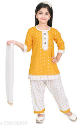 Yellow rayon kurta pant for girls partywear, three-quarter sleeves, Lovely Fashion Kids Kurta with Patiala set age 3-9 years, India origin